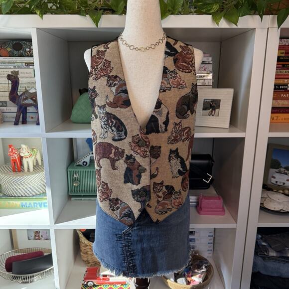 Vintage 90s Cat Novelty Artsy Button Vest - Tan Brown Wms M NWT - Picture 2 of 11